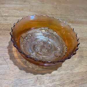 Vtg Dugan Apple Blossom Marigold Carnival Glass Bowl Iridescent Ruffled 6" MCM